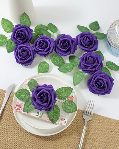 DuHouse 50Pcs Artificial Roses Flowers Fake Roses with Stems Real Touch Foam Flowers for DIY Wedding Bouquet Centerpiece Floral Arrangement Party Home Decor (Dark Purple) - color: Dark Purple, size: 50pcs