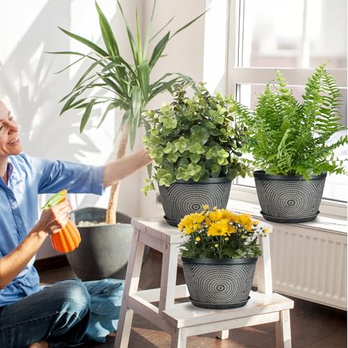 Quarut 10 Inch Flower Pots for Outdoor Indoor, 3 Pack Plastic Plant Pots with Drainage Hole & Tray, Modern Decorative Garden Pot with Saucer, planters for House (Brown) - color: Circular Pattern-brown, size: 10 inch-3 Pack