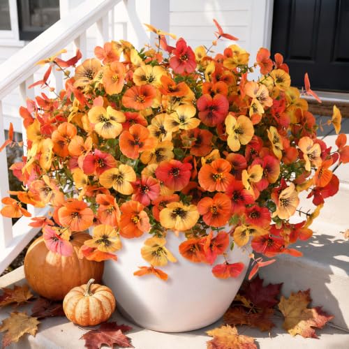 Artificial Fall Flowers for Outdoor, 12 Bundles Faux Pansy Fake Mums Flowers Plants Outdoor Fall Decor, UV Resistant No Fade Silk Flower for Porch Planter Patio Yard Garden(Orange Autumn Sunset Red) - color: Orange Autumn Sunset Red