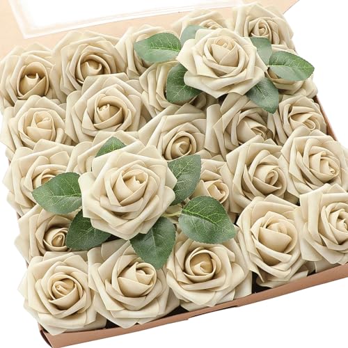 Floroom Artificial Flowers 25pcs Real Looking Beige Foam Fake Roses with Stems for DIY Wedding Bouquets Bridal Shower Centerpieces Floral Arrangements Party Tables Home Decorations - color: Beige, size: 25Pcs