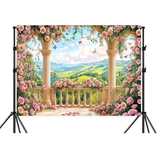 5X3ft Pink Floral Backdrop Garden Balcony Arch Retro Flowers Photography Background Wedding Birthday Party Decorations Baby Bridal Shower Portrait Photo Studio Props Wall Decor Banner - color: Multi4, size: 5X3FT