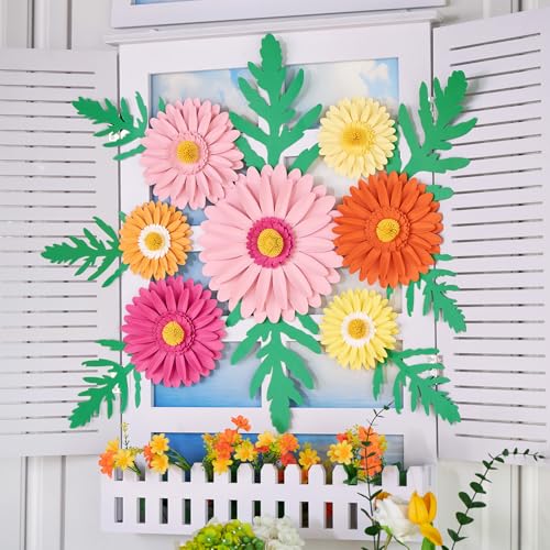 SUNBEAUTY Large Paper Flower Decoration for Wall 3D Large Paper Flower Pink Orange Daisy with Green Leaves Artificial Flower Wall Hanging for Classroom Bulletin Board Office Garden Tea Party Birthday - color: Daisy Flower-pink,orange