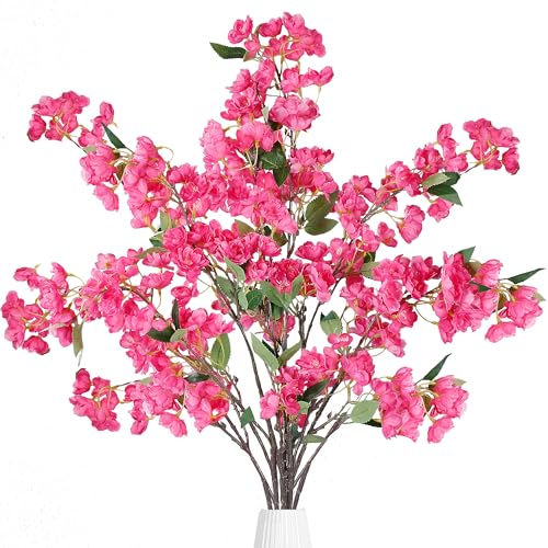 Sggvecsy Artificial Cherry Blossom Flowers 3 Pcs Faux Cherry Blossom Stems Faux Silk Cherry Blossom Branches 35.4’’ Fake Flowers Long Stems for Vase Arrangements Home Wedding Table Decor (Rose red) - color: Rose Red