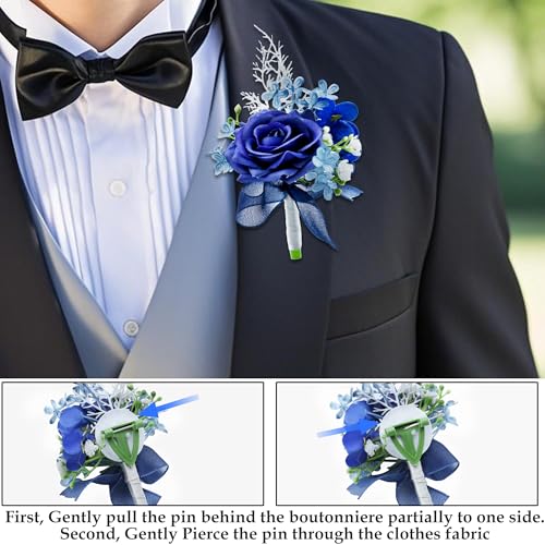 Corsage Wristlet and Boutonniere Set, Royal Blue Corsage Wristlet with Pearl Bracelets & Artificial Rose Flower for Men Wedding Suit, Homecoming, Prom Decorations, 2 Pack