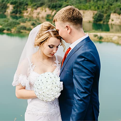 Wedding Bridal Bouquet, Handmade Crystal Ribbon Rhinestone Wedding Bridesmaid Bouquet, Bridal Artificial Rose Flowers for Ceremony Church Decoration (White-Crystal) - color: White-crystal