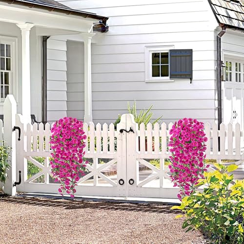 Artificial Hanging Flowers for Outdoor, 2pcs Fake Plants Long Vine Morning Glory Eucalyptus, UV Resistant Realistic Faux Greenery Indoor Outside Patio Porch Garden Spring Summer Decor, Light Purple - color: Light Purple