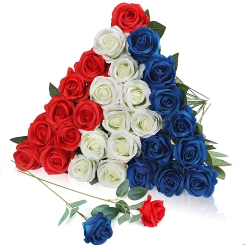 30pcs Fake Roses Artificial Silk Flowers Long Stems Bouquet for Wedding Bridal Shower Party Home Decoration (Red,White,Blue) - color: Red,white,blue