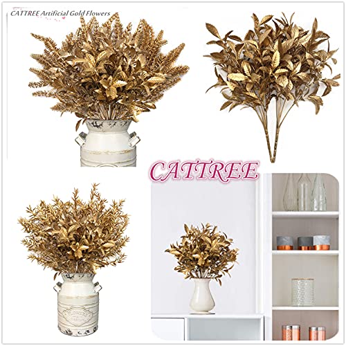 CATTREE Christmas Artificial Plants, Plastic Leaves Fake Grass Faux Shrubs Bushes for Home Indoor Outdoor Garden Leaf Wedding Festival Decoration Hall Table Golden Planter Filler - Gold 3 Pack - color: Gold Leaves - 3 Pcs