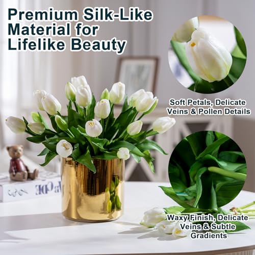 Bailikang 20PCS Fake Tulips Artificial Tulip Silk Flowers Fake PU Bouquet Artificial Flowers Faux Flowers with Gift Box Soft Faux Tulips Bouquets Arrangements for Party Wedding Home - color: White