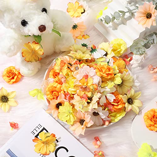 Cindeer 217 Pcs Mini Silk Flower Heads Bulk, Small Fake Flowers for Crafts Artificial 3D Loose Fabric Flower for Crafts DIY Wedding Party Hair Cap Dresses Decorations(Yellow Series) - color: Yellow Series