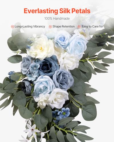 VEVOR Artificial Wedding Arch Flowers Kit, Blue Wedding Arch Flowers with Drapes Kit -2 Pcs Floral Arrangement, 2 Pcs Sheer Drapes, for Ceremony Bouquets Reception Backdrop Decoration（No Include Wood - color: Dusty Blue, size: 4 Pcs