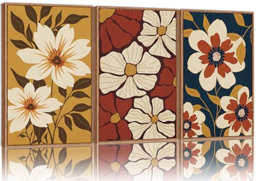 Rantodecor Large Vintage Floral Framed Canvas Wall Art Set, Mid Century Modern Wall Decor, Minimalist Retro Flowers Art Paintings, Beige Neutral Botanical for Bedroom Living Room Office 16"x24"x3 - color: Large Vintage Floral, size: 24"x16"