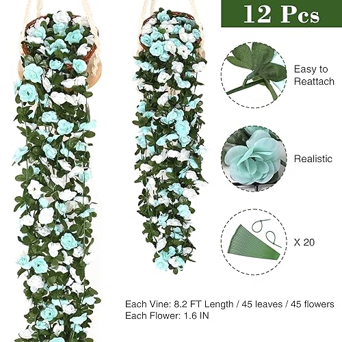 BLEUM CADE 12Pcs 98.4Ft Flower Garland Artificial Rose Vines for Bedroom, Cute Fake Hanging Flower Vines Floral Garland Decorations for Wedding Party Wall Room Decor Aesthetic - color: Blue & White, size: 12 Pcs