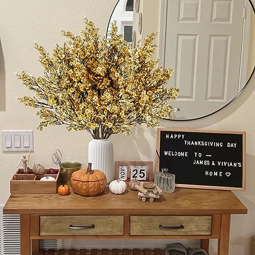 Sggvecsy 15 Pcs Babys Breath Artificial Flowers Gypsophila Bouquets Bulk Real Touch Fake Silk Flowers for Home Wedding DIY Floral Arrangement Kitchen Table Centerpiece Christmas Decoration (Gold) - color: Gold, size: 15Pcs