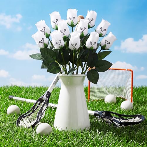 Suhine 12 Pcs Artificial Lacrosse Rose Flowers Sports Party Favors Bulk for Birthday Graduation Wedding Party Decorations Table Centerpieces Game Prizes Senior Night Team Gifts(Lacrosse Color, Normal) - color: Hockey Color, size: Normal