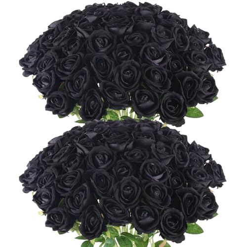 Hananona 50 Pcs Artificial Roses in Bulk, Fake Velvet Silk Roses Realistic Black Roses for Wedding Centerpieces Flower Arrangement Home Decor (50, Black) - color: Black