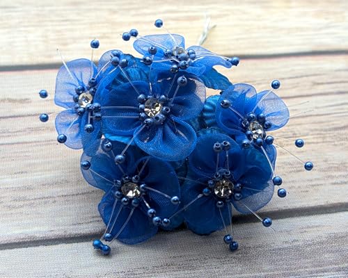 72PC Artificial Organza Flower Rhinestone Pick for Home Craft Decor DIY Wedding Bridal Veil Headband Dress Cake Topper Embellishment Scrapbook Favor Corsage Floral Bouquet Arrangement (Royal Blue) - color: Royal Blue
