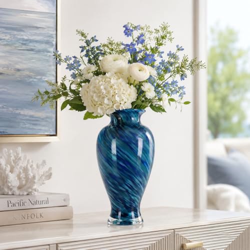 11.8" Tall Blue Hand Blown Glass Vase, Wide Mouth Art Glass Vase for Coastal Home Decor Centerpiece, Decorative Flower Vase for Living Room, Dining Table, Shelf Mantel, Entryway (Ocean Blue) - color: Ocean Blue