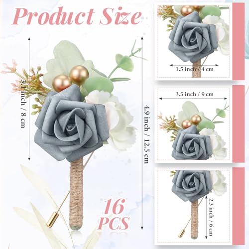 Crowye 16 Pcs Boutonniere for Men Wedding with Pins Set Groom and Groomsmen Ceremony Anniversary Corsage Wedding Flowers Artificial Bouquets for Formal Dinner Party Fall Vintage Prom (Dusty Blue) - color: Dusty Blue