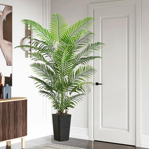 Artificial Palm Tree Indoor, 6FT Fake Floor Plants Large Tropical Silk Plant with Black Square Planter, Faux Areca Palm Plant Artificial Tree in Pot for Home Room Office Outdoor Patio Decor