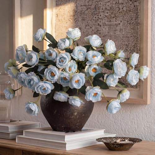 6 Pcs 32" Large Light Blue Artificial Peonies Stems Flowers, Real Look Faux Silk Peony Bouquet 42 Heads Total for Vase Filler, Farmhouse Rustic Neutral Home Decor, Wedding Centerpieces - color: Light Blue