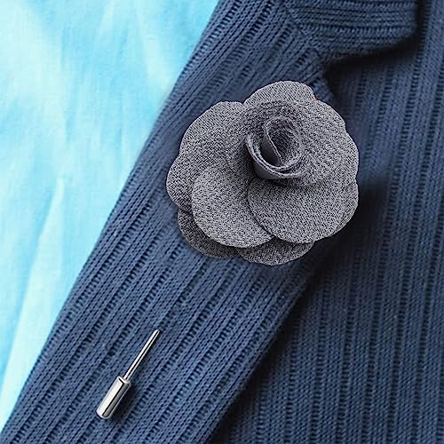 Rhungift Men's Camellia Flower Lapel Pin Handmade Rose Boutonniere Stick Brooch for Suits Wedding Party Groom Multicolor Men Women - color: Grey