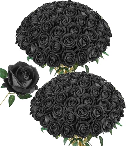50 PCS Black Roses Artificial Flowers, Fake Roses with Stem Realistic Silk Roses for DIY Wedding Bouquets Table Centerpieces Arrangements Baby Shower Birthday Home Decor Valentine's Day Gift for Her - color: Black
