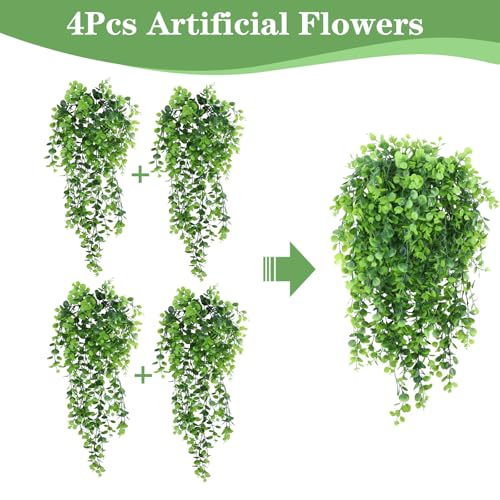 INQCMY Artificial Outdoor Plants Fake Hanging Greenery for Spring Summer Decoration, 4 pcs Realistic Faux Hanging Eucalyptus for Home Outside Garden Porch Patio Planters Basket - color: Eucalyptus