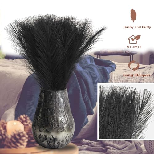 Black Pampas Grass Decor, 30 Pcs 17" Black Flowers Short Fluffy Artificial Faux Pampas Grass Stems, Fake Bulrush Floor Vase Filler Flower Arrangement for Boho Home Decoration - color: Black