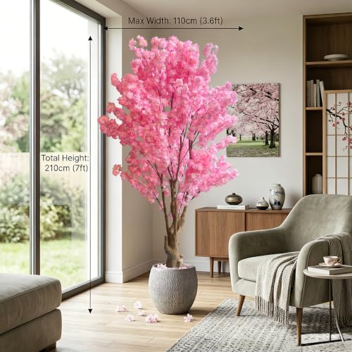 7FT Artificial Cherry Blossom Tree, Pink Faux Blossom Tree with Realistic Stump Trunk, Large Decorative Artificial Plant for Living Room, Office, Entryway, Wedding & Indoor Home Décor - color: Pink, size: 7ft