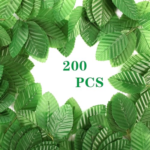 200 Pcs Green Silk Artificial Leaves - Fake, Faux Wired Single Leaf - Wire Crafts Leaves - Plastic - For DIY Bouquet, Wreaths, Wedding, Christmas - color: Green
