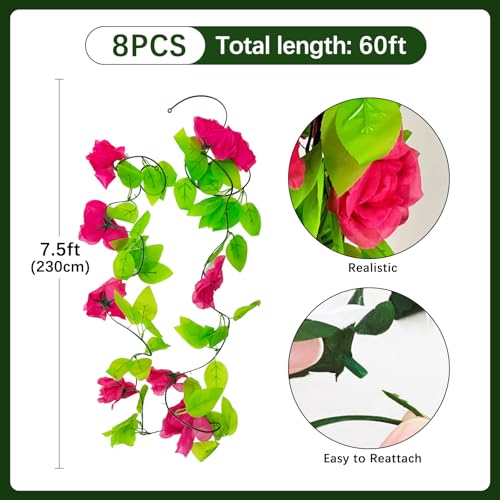 8Pcs 60Ft Fuchsia Rose Garland, Fake Flower Vines, Artificial Vine Flowers, Rose Hanging Garland for Party Wedding, Garden, Room Table, Christmas, Backdrop Wall Arch Decor - color: Fuchsia, size: 8Pcs 60Ft