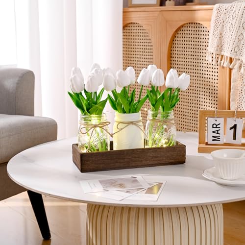 BLEUM CADE Mason Jar Centerpiece Table Decorations, Mason Jar Lights Centerpiece for Kitchen Dining Table Farmhouse Coffee Table Wedding Home Decor with 3 Jars Tulips Artificial Flowers & Wood Tray - color: White-tulips
