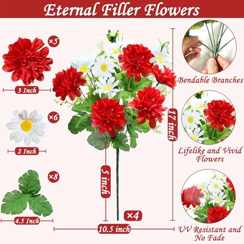 44 Heads Artificial Flowers for Outdoors, 4 Bunches 17 Inch Dahlia Daisies Mum Fake Plants UV Resistant Faux Flower Bouquet Cemetery Flowers for Grave Spring Summer Decor Mothers Day Indoor Home (Red) - color: Red