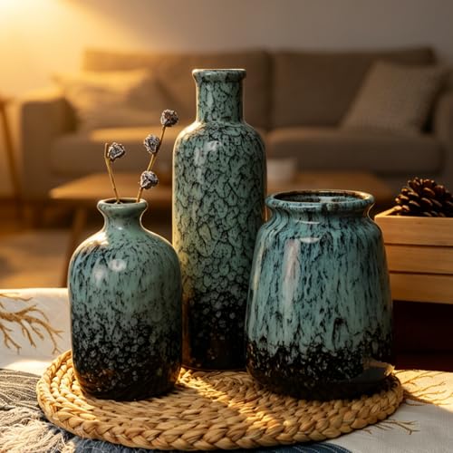 Ceramic Vases Set of 3, Sage Green Flower Vase for Modern Farmhouse and Boho Home Decor Paired with Pampas Grass, Rustic Pottery Decor Centerpiece for Entryway Table, Office & Dining Room - color: Sage Green