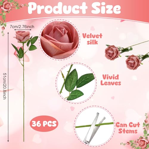 36 Pcs Velvet Silk Dusty Pink Rose Bouquet Bridal Artificial Flowers,Fake Rose Long Stem Realistic Flowers Bulk for Wedding Bouquet Ball Arrangement Centerpiece Party Decor - color: Dusty Pink