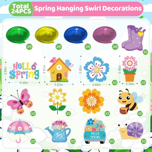 24Pcs Spring Hanging Decorations, Flower Butterfly Ceiling Hanging Swirls Cutouts, Spring Hanging Swirls for Home Office Classroom Spring Birthday Party Ceiling Decoration - color: Pink