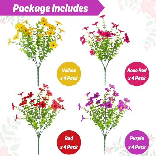 Artificial Flowers for Outdoor, 16 Bundles UV Resistant No Fade Greenery Plants Faux Plastic Flowers for Indoor Outdoor Room Wall Wedding Patio Porch Decor