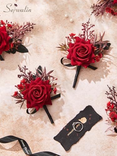 Serwalin 6 Pcs Red Boutonniere for Men, Artificial Silk Rose Flower Boutonniere for Groom Groomsmen and Best Man for Wedding, Prom, Homecoming, Anniversary, Formal Dinner Party Suit Accessories - color: Red, size: Boutonniere 6pcs
