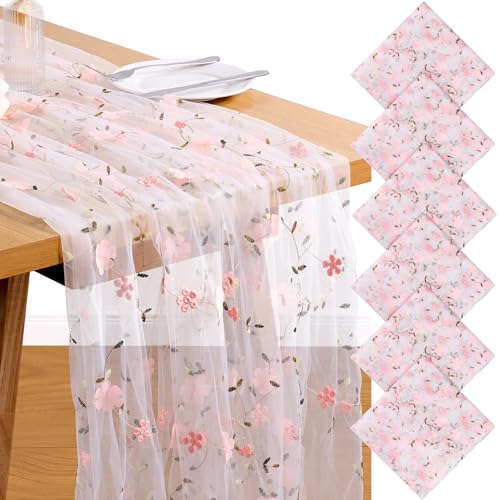 6 Pack Embroidery Floral Table Runner Rustic Spring Summer Wildflower Tulle Table Runner Vintage Flower Tabletop Runners Decoration for Home Wedding Party, 108x24.5 Inch (Pink Flowers) - color: Pink Flowers-6, size: 108*24.5 inch