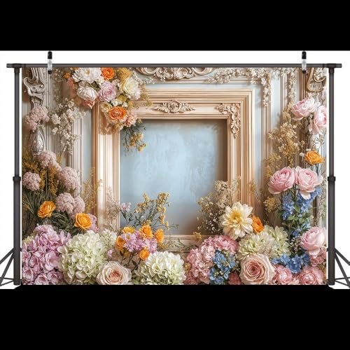 7X5ft Retro Wall Wedding Backdrops Frame Style Colorful Flowers Wall Background Medieval Building Photo Background for Mothers Day Bridal Baby Shower Birthday Girls Women Decoration Backdrop - color: Multi, size: 7X5ft