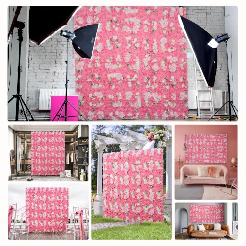 Flower Wall Backdrop 12pcs 16.5x16.5 Inch Artificial Floral Wall Panel 3D Silk Rose Wall Decor Ideal for Wedding Celebrations, Festive Party Backdrops, and Home Decor-Rose Pink - color: Rose Pink, size: 16.5inch
