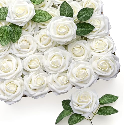 Artificial Ivory Foam Roses with Stems & Leaves - Pack of 50, Perfect for Wedding Centerpieces, Event Decor, DIY Bouquets, and More - color: Ivory