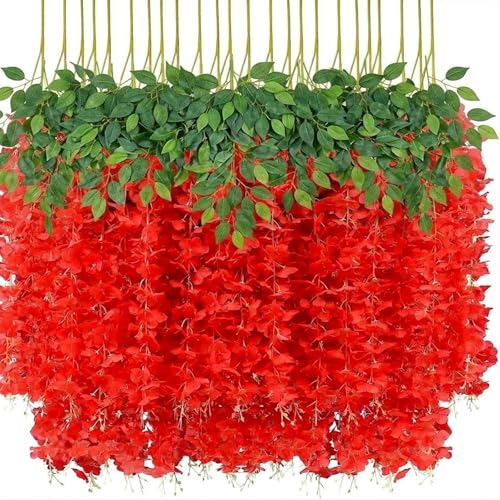 HUAHUA Artificial Wisteria Flowers, White Dense Artificial Fake Wisteria Vine Ratta Hanging Garland Silk Flowers String for Home Party Wedding Decor (24pcs Red) - color: 24pcs Red