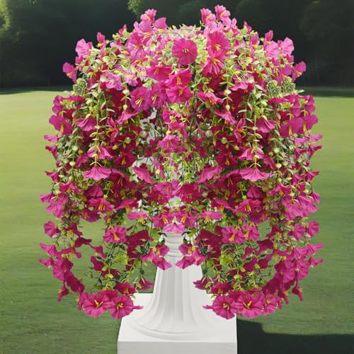 Musdoney 4PCS Artificial Hanging Flowers, Fake Hanging Plants Morning Glory Vines UV Resistant for Wall Home Room Garden Wedding Indoor Outdoor Spring Summer Decoration (Fuchsia) - color: Fuchsia