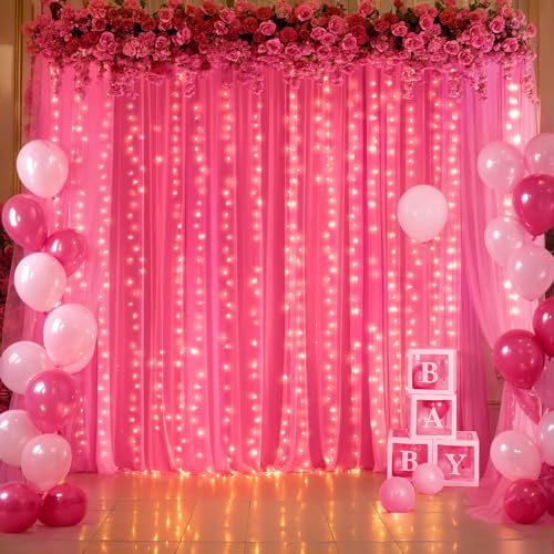 Hot Pink Tulle Backdrop Curtain with Lights for Parties 10x10ft Fuchsia Sheer Backdrop Curtains for Weddings Birthday Baby Shower Photo Shoot Background Decorations - color: Hot Pink, size: 10 ft X 10 ft(2 Panels 5ft X 10ft)