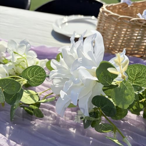 Artificial Flower Garland，6.5Ft Fake Dahlia Rose Flowers Garland Floral Eucalyptus Greenery Vine for Wedding Arch，Table Runner Centerpieces Backdrop Room Wall Hanging Plant Decor（White） - color: White