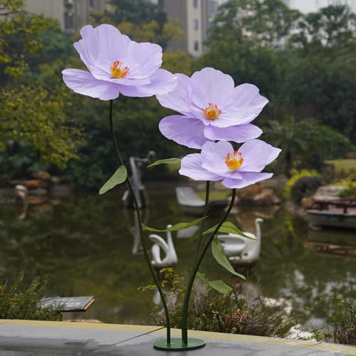 Large Paper Artificial Flowers,Giant Flowers for Decoration,Huge Handcrafted Poppy Fake Flowers with Stand for Home Decor Bridal Shower Party Outdoors Yard Event Backdrop Decor (Purple) - color: Purple