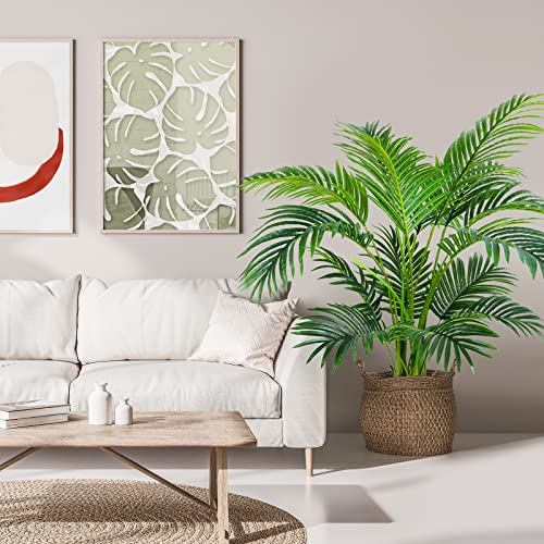 Worth Garden 4ft Artificial Areca Palm Plant 2 Packs in Pot, Fake Cane Palm Silk Tree Indoor Outdoor, Dypsis Lutescens, 47in Lifelike Faux Silk Plant Home Decor, Two Linen Bags Included - size: 2-PACK