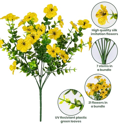 Lnoicy 20 Bundles Artificial Flowers for Outdoor Fake Plants for Spring Decoration,Faux Eucalyptus Flowers for Planter UV Resistant Lifelike for Home Porch Garden（Yellow） - color: Yellow